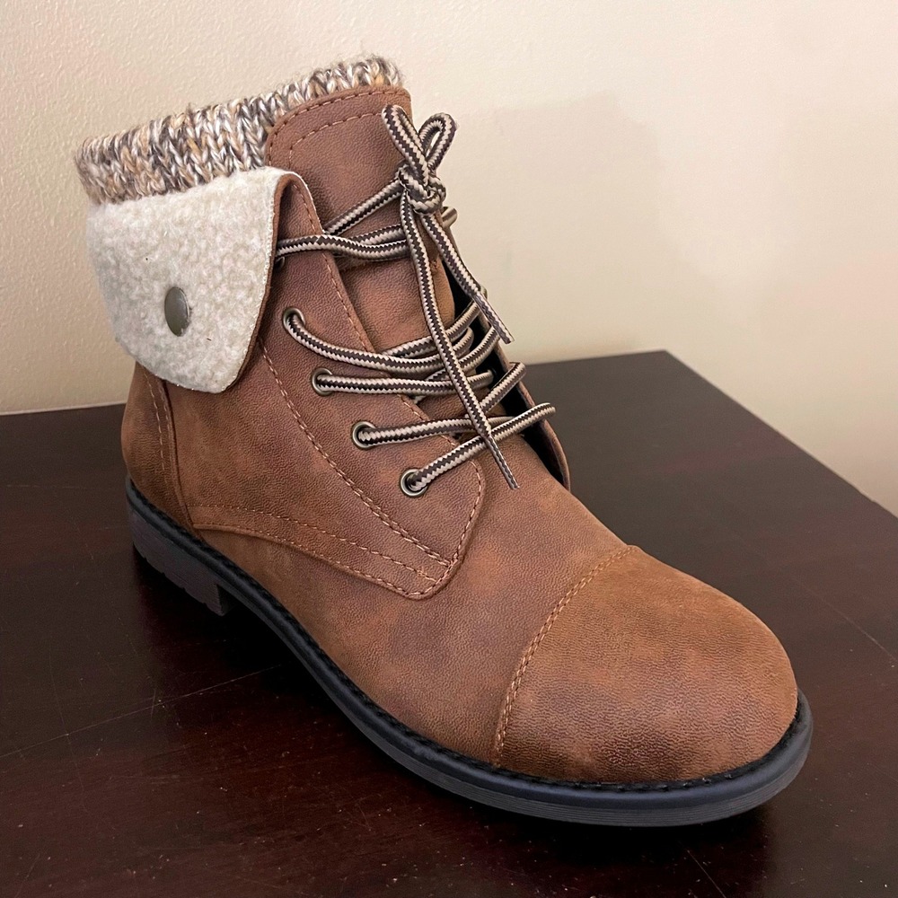 Cliffs by White Mountain Duena Tobacco Brown Sherpa Knit Ankle Boots C25084-303 - Picture 2 of 8